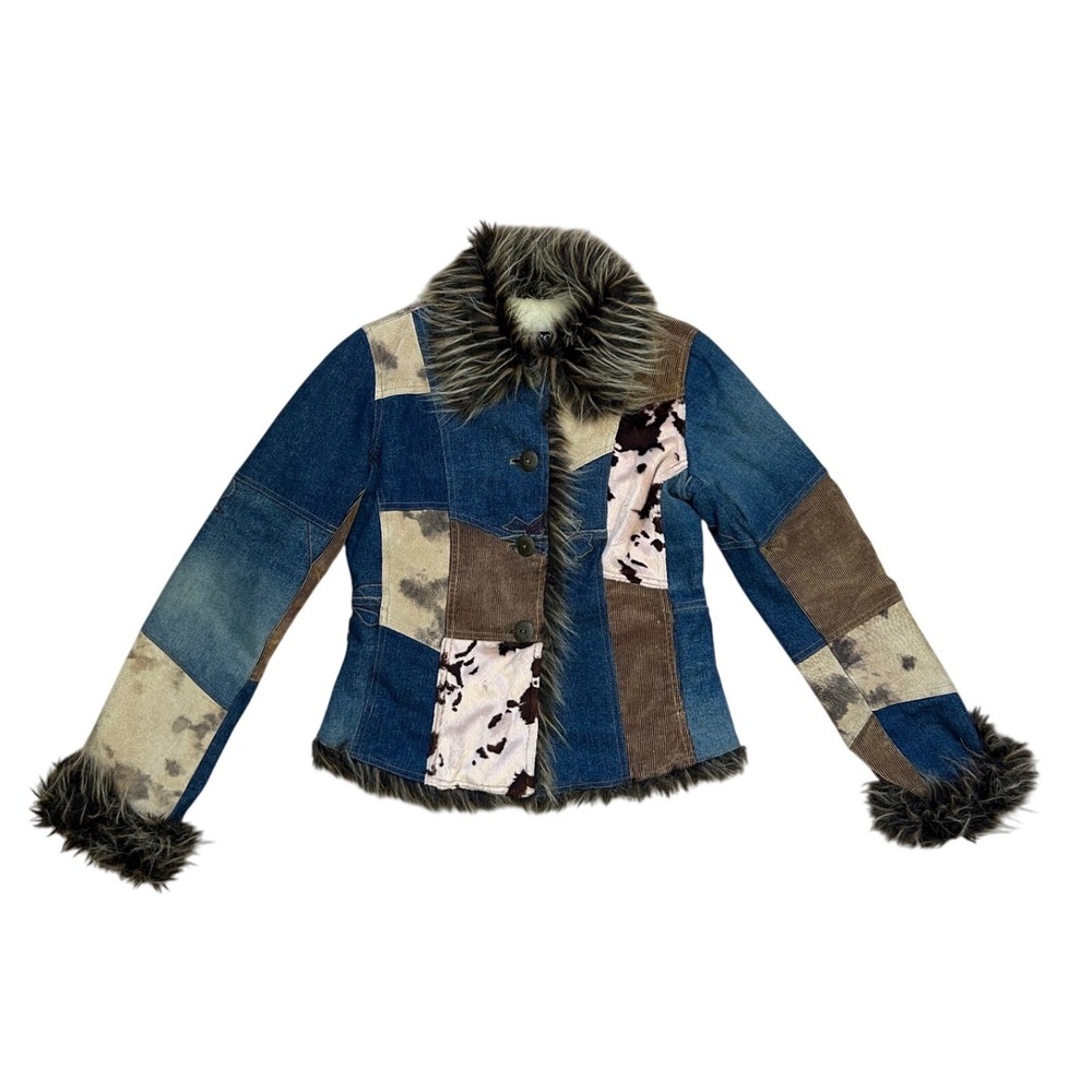 Vintage XOXO Patchwork Denim Cow Print Faux Fur Trim Jacket Small animal boho
